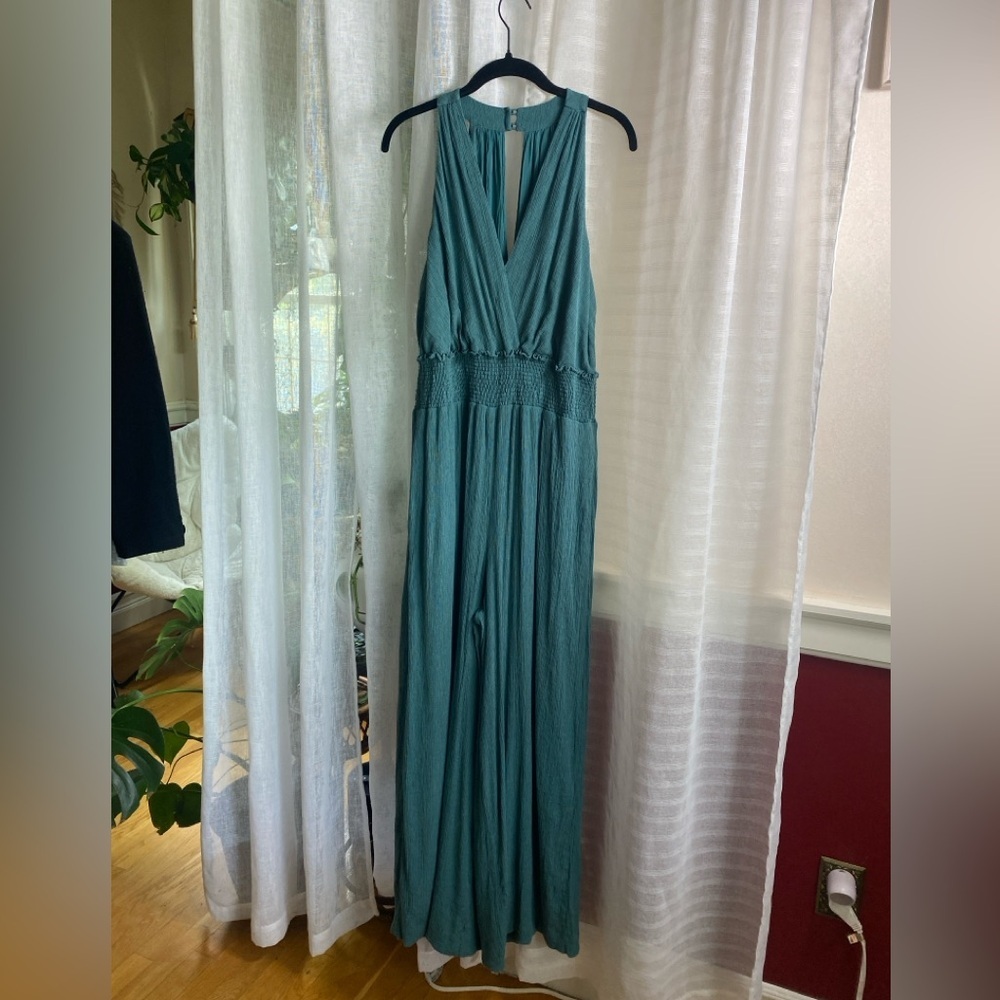 Anthropologie Bionda Plisse Wide Leg Jumpsuit Size XL Turquoise - Picture 13 of 13